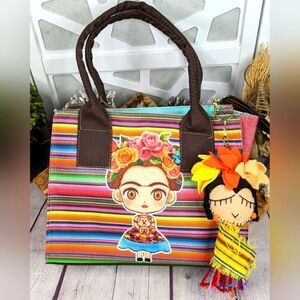Frida Kahlo Striped Satchel Crossbody Purse w/ Removable Frida Doll Tassel